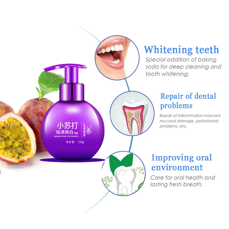 220g Toothpaste Baking Soda Stain Remover Teeth Whitening Toothpaste Protect Gums Toothpaste Blueberry Passion Fruit Flavor