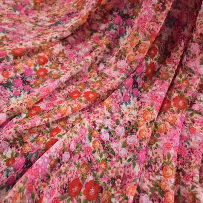 Half Meter New Design Red Colored Flower Print Chiffon Fabric For Dress Shirt Gallus Cheongsam Lady's Garment T1666