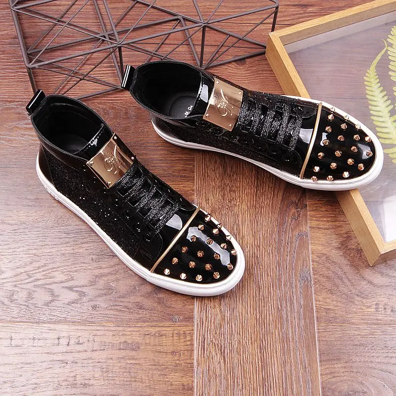 Fashion men sequins rivet Sheet metal Casual Platform high top shoes Flats Male Designer prom Dress Loafers Shoes zapatos hombre