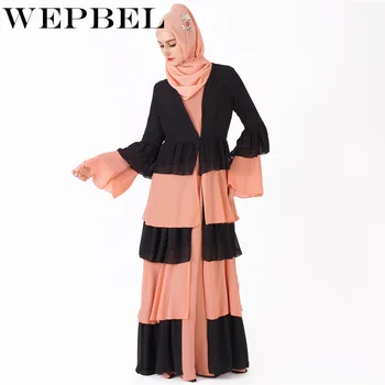 

WEPBEL Women Abaya Muslim Dubai Arabic Dress Full Sleeve Turkey Kimono V Neck Ruffles Long Ladies Dresses