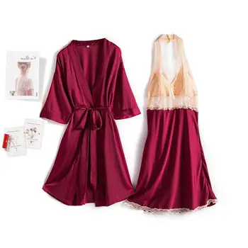 

Lady Silky Satin 2PCS Sleepwear Sexy Burgundy Homewear Nightdress Casual Soft Robe Set Kimono Gown Bride Bridesmaid Wedding Robe