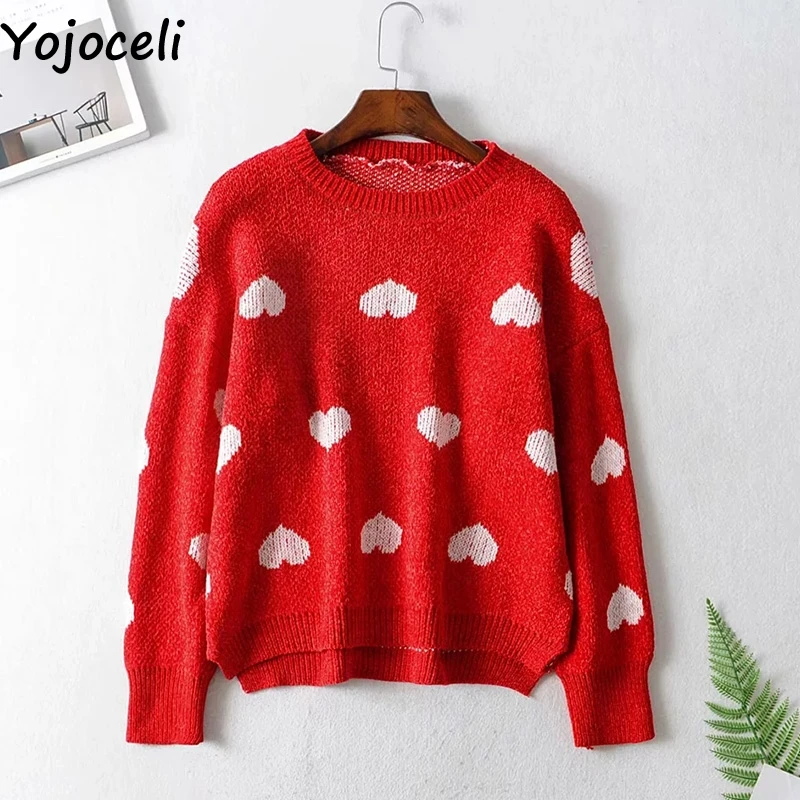 Yojoceli сексуальный вязаный свитер с сердечками для женщин осень зима теплый вязаный джемпер женский Повседневный милый вязаный пуловер Топ - Цвет: Красный