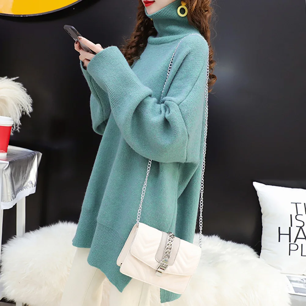 

Casual Loose Autumn Winter Turtleneck Sweater Women Oversize Solid Knitted Sweaters Warm Long Sleeve Pullover Sweater Black