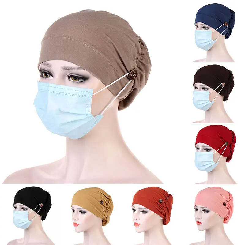 

Women Caps Baotou Headdress Cap Button iImitated Le Muslim Base Hats Crystal Hemp Multicolor Chemotherapy Turbantes Hats