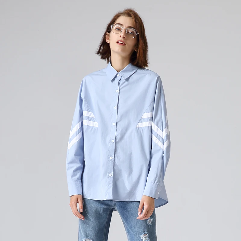 Женская рубашка в полоску с длинным рукавом и отложным воротником|Блузки| |