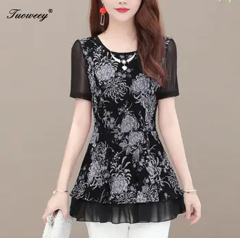 

5XL Plus Size floral Women red Blouses 2020 Fashion summer short Sleeve loose chiffon Long Shirt Female Casual tops