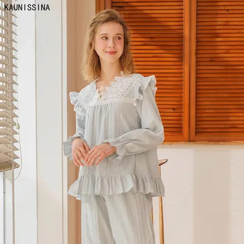 

100% Cotton Sleepwear Women Pajamas Sets Autumn Winter White Princess Cute Lace Pajamas V-neck Long Sleeve Girlfriends Homewear