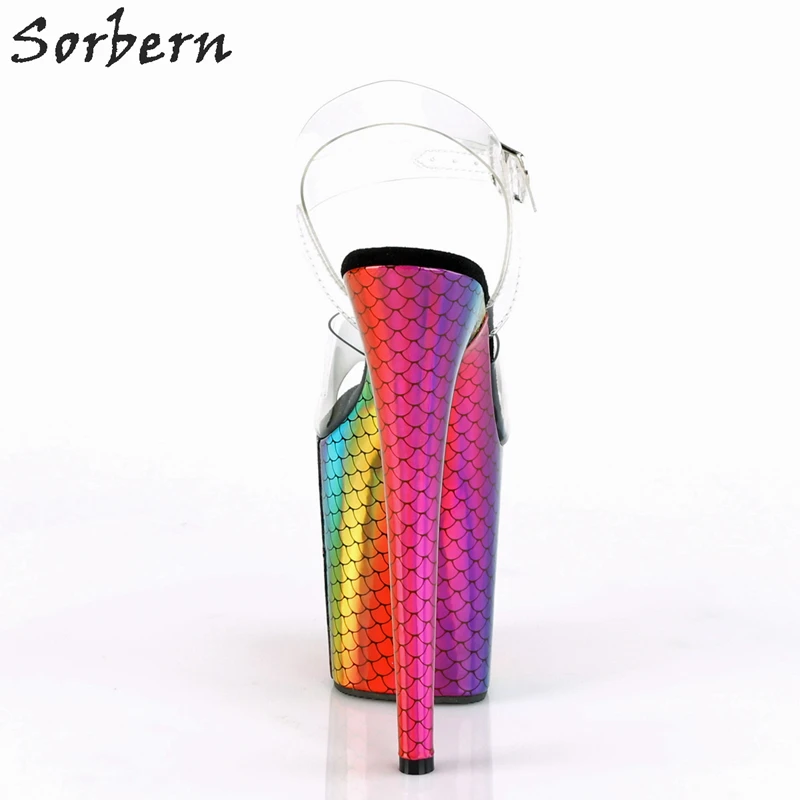 Sorbern/радужные босоножки в форме рыбьей чешуи; женские босоножки из прозрачного ПВХ; женская обувь для стриптиза; летняя обувь для танцев на шесте