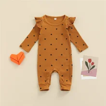 

0-18 Months Baby Girl Cute Heart Printed Long Sleeve Jumpsuit Ribbed Knitted Ruffles Rompers Newborn Toddler Clothes Spring Fall