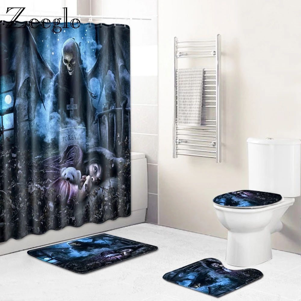 Zeegle Bath Mat Set 4pcs Shower Curtain Set Anti Slip Toilet Cover Seat Mat Flannel Soft Toilet Pedestal Rug Foot Floor Rug