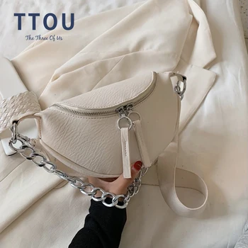 

TTOU Silver Chain Design PU Leather Chest Bag For Women 2020 White Crossbody Messenger Handbag Small Chest Bag Travel