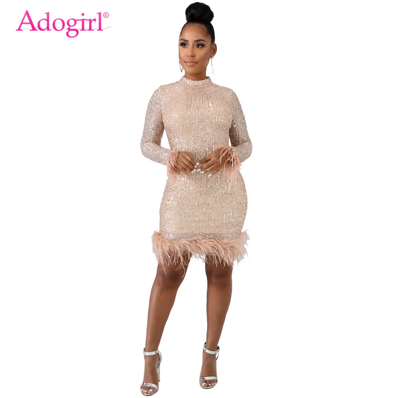 Adogirl 2019 New Feather Sequins Dress Mock Neck Long Sleeve Bodycon