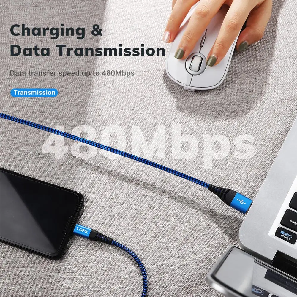 TOPK AN24 Micro USB Cable & Type C Cable 3A Fast Charging for Samsung Mobile Phone Data Cable Type-C for Xiaomi Redmi Note 8