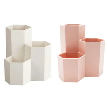 

2Pc Novelty Hexagon Pencil Pen Holder Desk Storage Box Organizer Business Desktop Stationery Office School Gift Creamy-White & P
