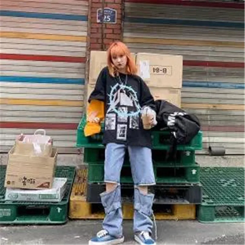 Корейская футболка Женская Осенняя мода панк принт длинный рукав О-образный вырез женские свободные повседневные топы Женская Harajuku футболка уличная Женская