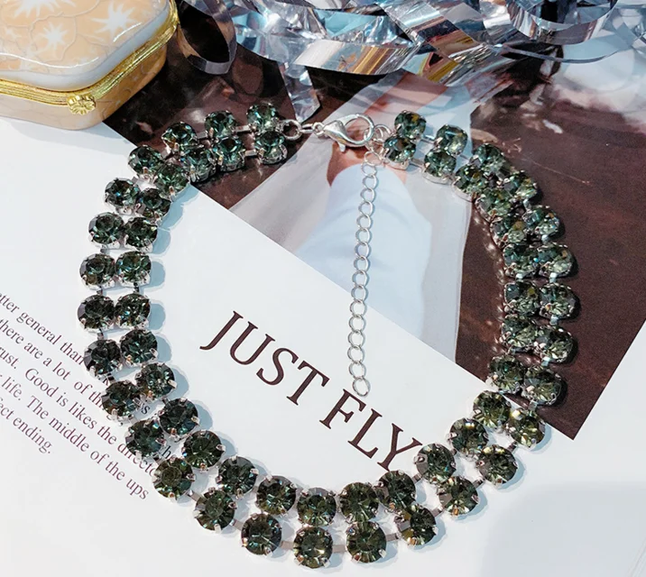 Модный двойной чокер, ожерелья для женщин, новинка, Bijoux, Зеленый Кристалл, цепочка, ожерелья, массивные ювелирные изделия, вечерние, подарки