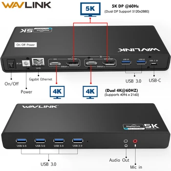 

WAVLINK UNIVERSAL ULTRA 5K DOCKING STATION USB-C DUAL DISPLAY USB3.0 VIDEO AUDIO OUTPUT SUPPORT HDMI/DISPLAYPORT GIGABIT FOR MAC