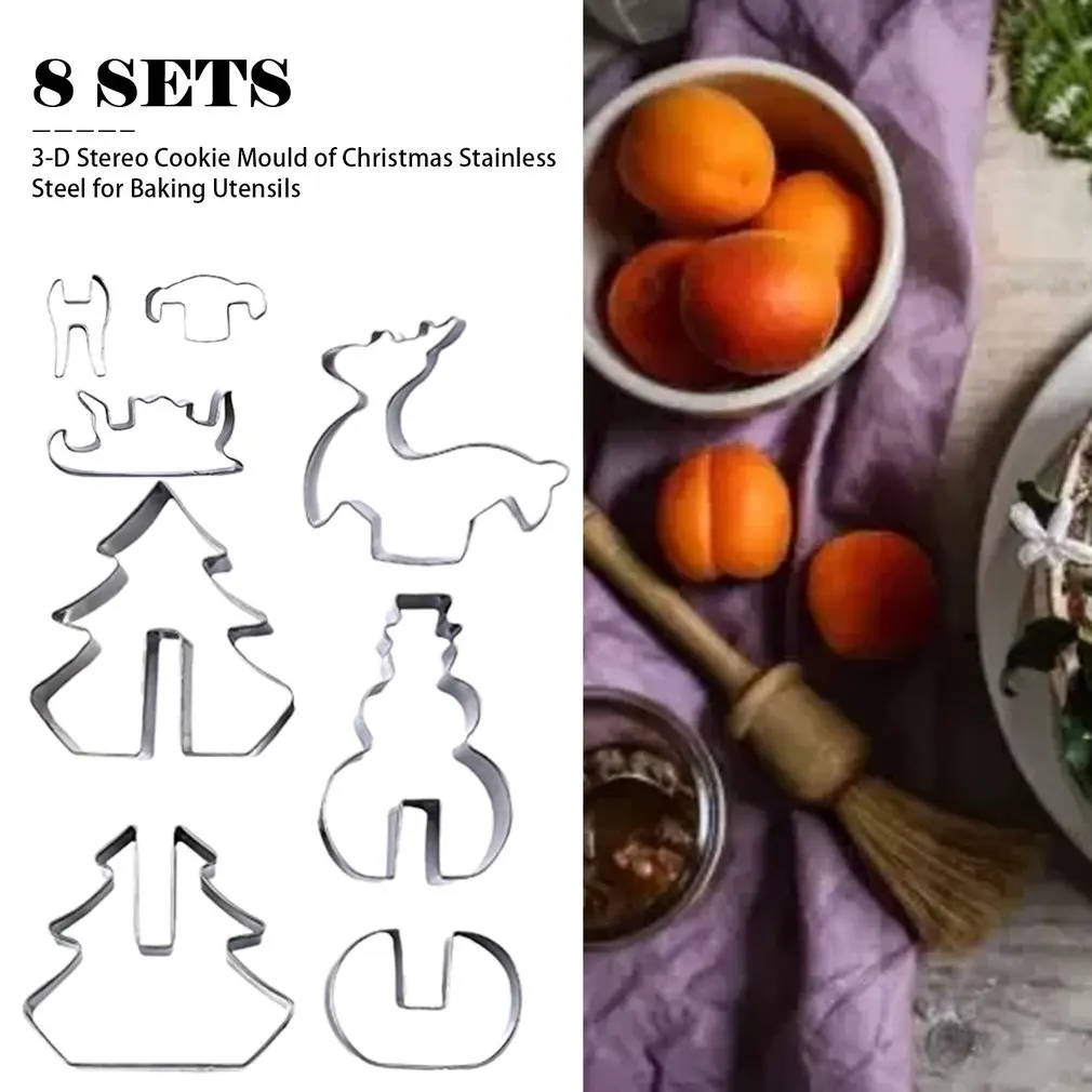 3D Christmas Cookie Cutters Set 8 Piece Cookie Cutters Holiday Cookie Biscuit Cutter Set For Kids Christmas Party