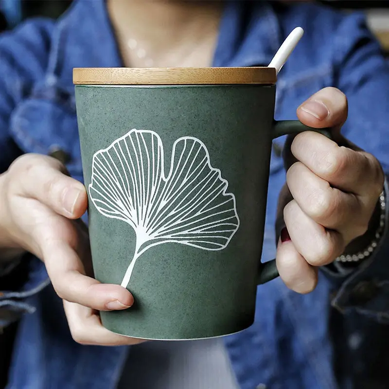 350/520ml Leaf Pattern Ceramic Coffee Mug With Lid Spoon Large Capacity Frosted Water Cup Office Tea Kitchen Utensils | Дом и сад