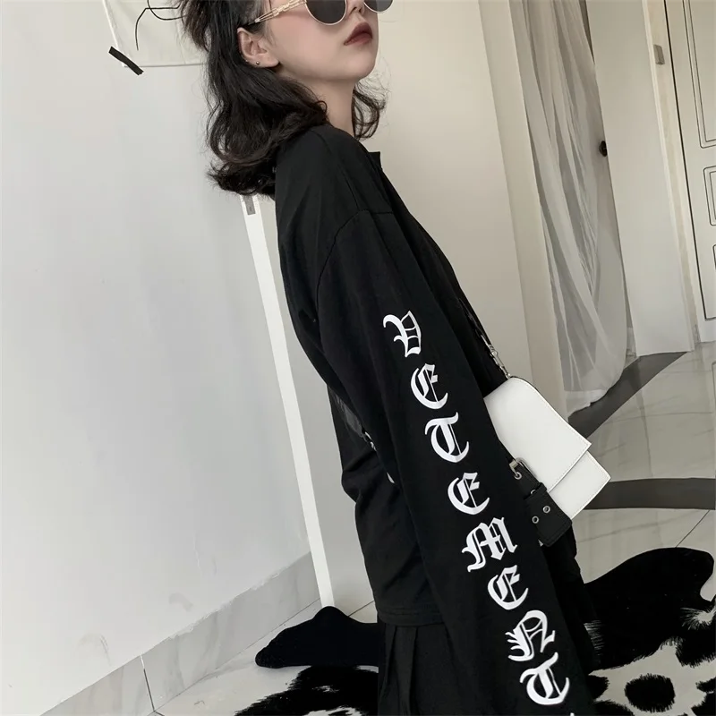 Harajuku Ins Ретро готический с буквенным принтом, длинный рукав, круглый вырез, черный топ, футболки, новая мода, уличная, гранж стиль, Футболки унисекс