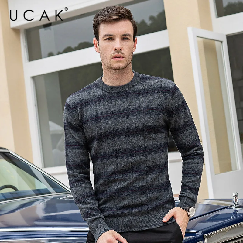 Promo UCAK Brand Pure Merino Wool Sweater Men Casual Striped Pull Homme O-Neck Pullover Men Autumn Winter Warm Cashmere Sweaters U3093