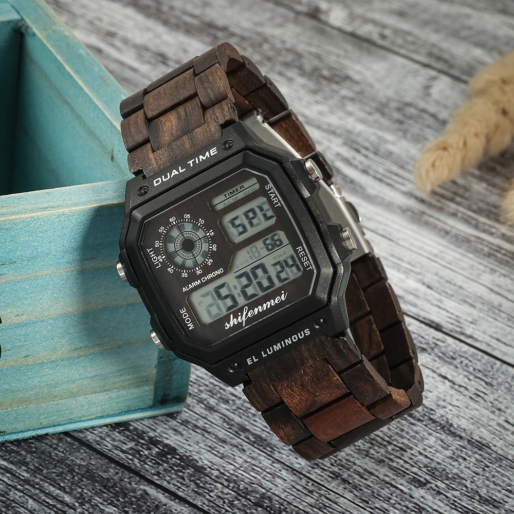 

Shifenmei Wooden Watch Brand Luxury Watches Men 2019 Sports Military Wristwatch Led Clock Alarm Digital Watch Male Zegarek meski