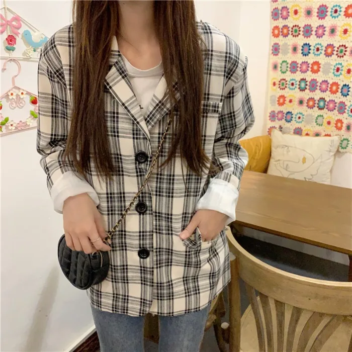 

Suit Female Autumn 2019 New Style Hong Kong Flavor Retro Plaid Loose-Fit Polo Collar Pocket Mid-length Suit Coat
