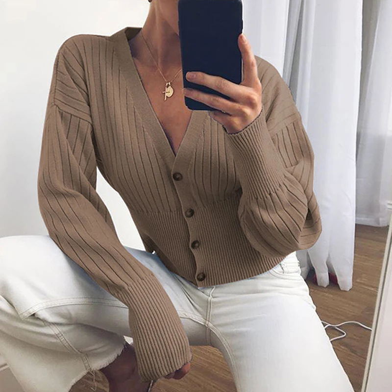 Модный тонкий женский вязаный свитер с длинным рукавом, свитер пуговицы, весенний лоскутный женский кардиган - Цвет: khaki