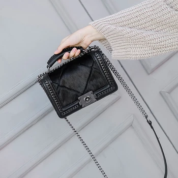 

[Telastar] Fur Bags Horsehair Small Flap Diamond Lattice Chain Geniune Leather Bag Shoulder Handbag Vintage Tote Female Charming