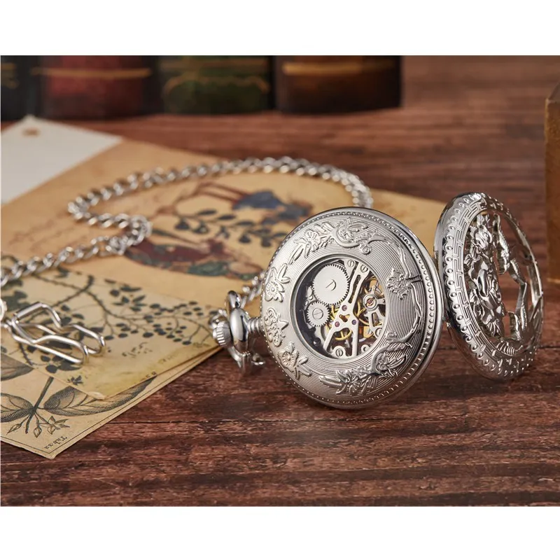 Gorben Retro Silver/Gold Skeleton Hand Winding Mechanical Steampunk Pocket Watch Pendant Necklace Chain FOB Watches