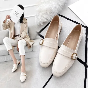 

Brand Chunky Heels Loafers Women Casual Oxford Buckle Square Toe Shoes Slip on Shallow Pump Designer Zapatos Mujer Black Apricot