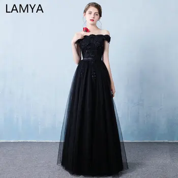 

LAMYA Long a Line Lace Applique Evening Dresses 2020 Elegant Beading Boat Neck Party Dress Tulle Prom Gown Vestido De Festa