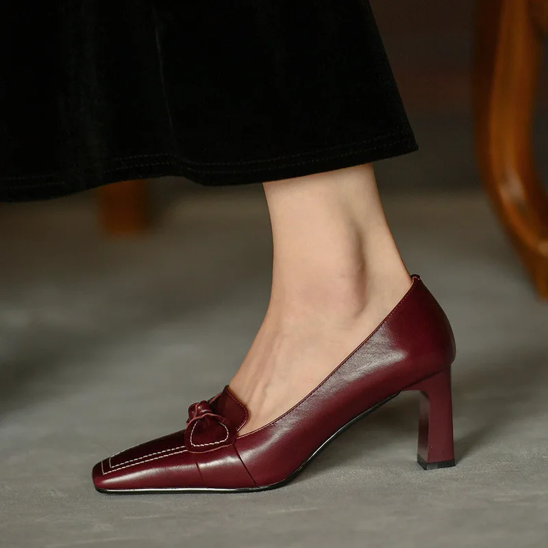 New style burgundy high-heeled square toe retro female thick heel women | Обувь