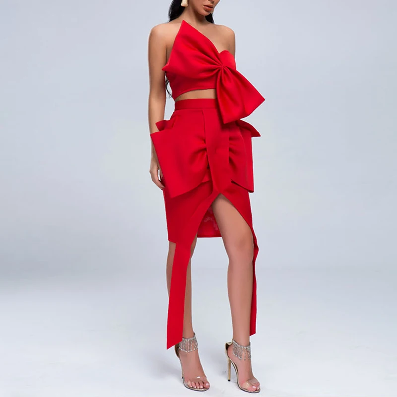 

HIGH STREET New Stylish 2019 Runway Suit Set Women's Bow Strapless Camis Slit Bow Skirt Set