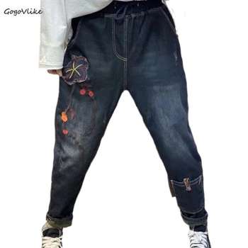 

Winter Fleece Warm Women Jeans Vintage Ladies Jeans Elastic Waist Embroidery Loose Casual cotton Denim Harem Pants SA590S30