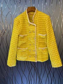 

2020 Early Autumn New Women's Color Matching Selvage Double-breasted Decorative Plaid Long Sleeve Cropped Jacket 810