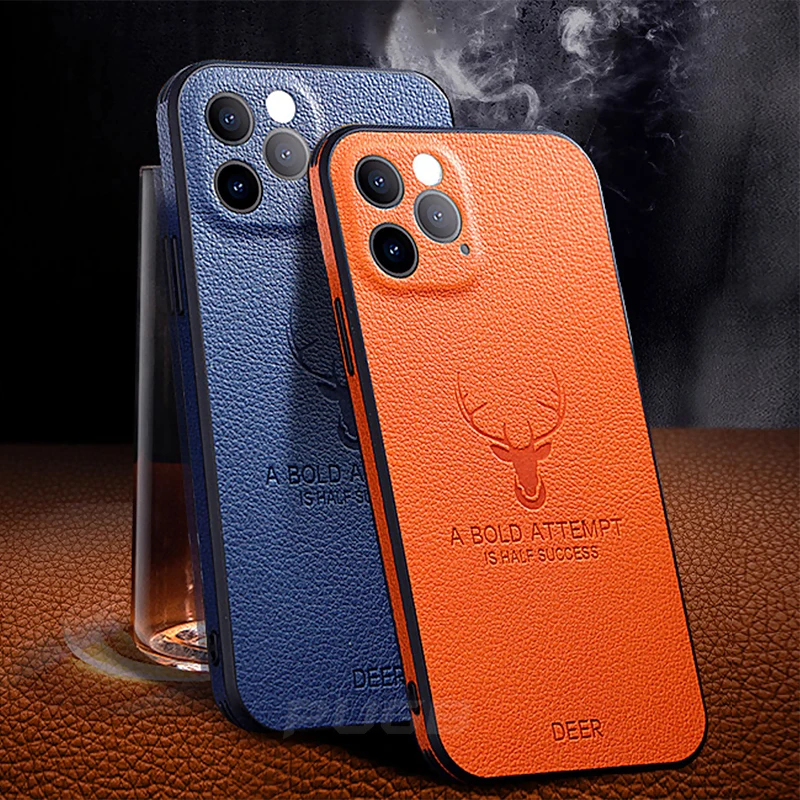 Luxury Leather Texture Square Frame Case For iPhone 11 12 13 Pro Max Mini X XR XS Deer Camera Protection Shockproof Phone Cover