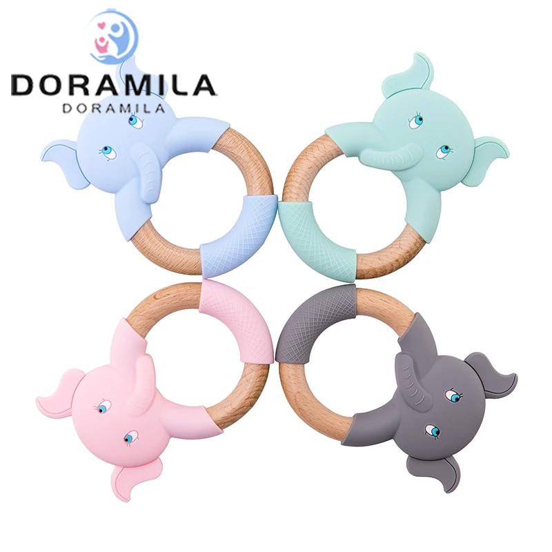 

1pc Baby Silicone Teether Cartoon Elephant Teething Toy Beech Wood Ring Infant Comfort Toys Baby Teether Silicone Elephant Ring