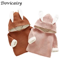 Осенне-зимняя вязаная куртка с капюшоном и медвежьими ушками для маленьких мальчиков бархатный теплый пуловер верхняя одежда для маленьких девочек, зимняя одежда