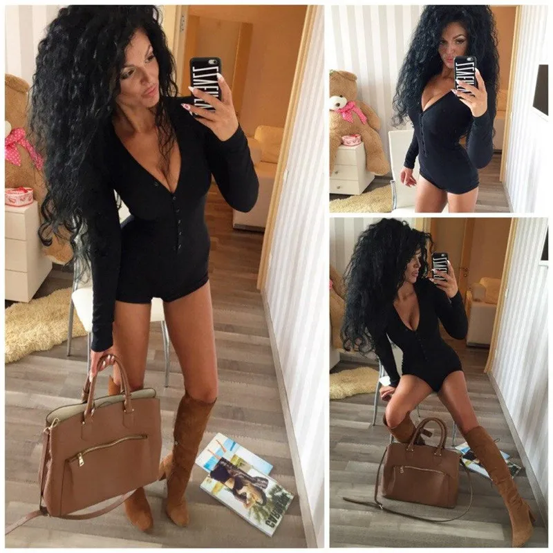 2019 Women Sexy V Neck Cotton Bodysuit Long Sleeve Romper Autumn Clothing Wear Sexy Slim Short Cotton Knitted Bodycon Jumpsuit