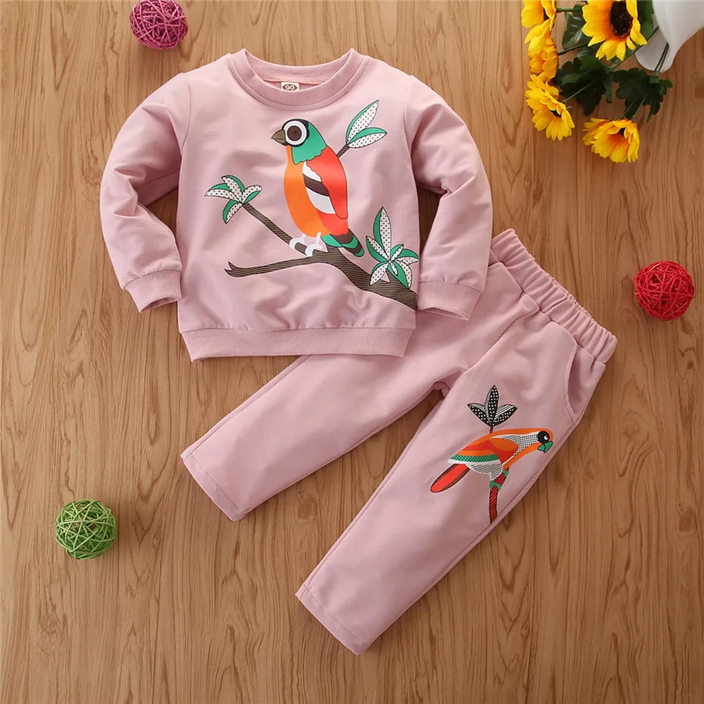 

Pink Girls Terry Top Pant Sets Bird Printing Boat Neck Outdoor Sport Clothes Elastic cuffs Long Sleeve Sport Suit For Run D30