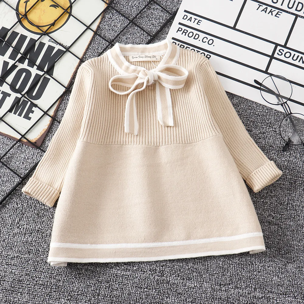 Beige От 1 до 5 лет трикотажное платье для девочек; коллекция года; сезон осень-зима; одежда с бантом для маленьких детей; платье для маленьких девочек; хлопковые теплые рождественские платья принцессы - Цвет: Beige