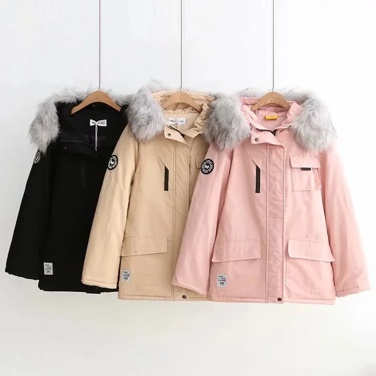 

Japanese-style Versatile Winter New Style Labeling Pocket Hooded Large Fur Collar Mid-length Cotton-padded Clothes Women's 65832