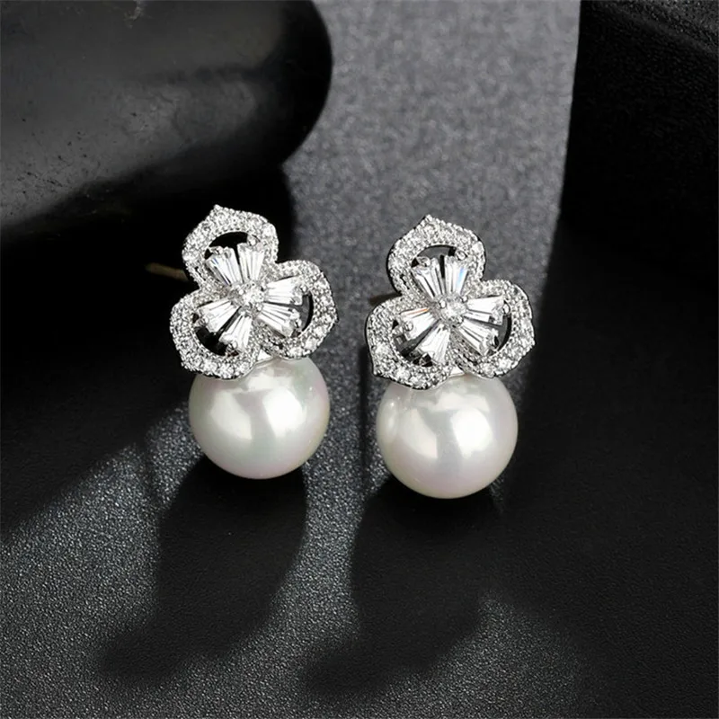 Silver Роскошные женские серьги-гвоздики с кристаллами и цветами, 925, серебряные, желтые, золотые, жемчужные свадебные серьги, Двойные серьги с цирконием для женщин - Окраска металла: Silver