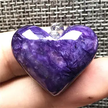 

100% Natural Heart Purple Charoite Necklace Pendant For Woman Lady Man Love Crystal 26x10mm Beads Silver Sterling Jewelry AAAAA