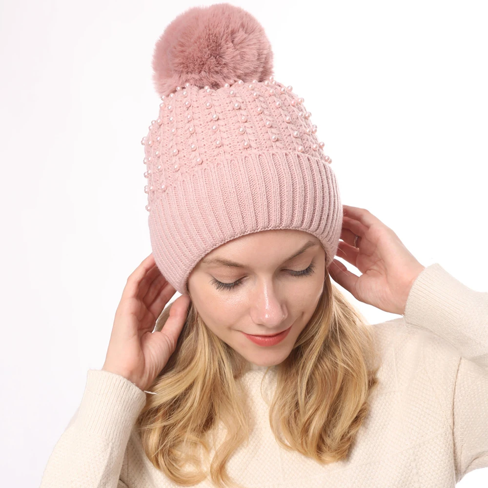 Женская зимняя уличная теплая вязаная шапка Повседневная однотонная шапочка помпон с искуственным мехом бальные шапки с бусинами для женщин