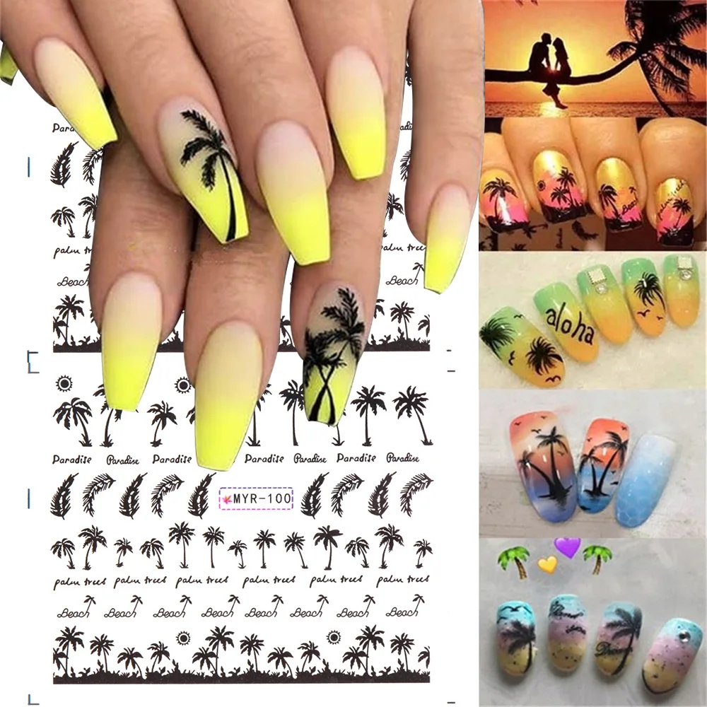 4Pcs Hot Tropical style Palm Tree Nail Stickers Coconut Water Transfer Paper DIY Beauty 3D Decoration | Красота и здоровье