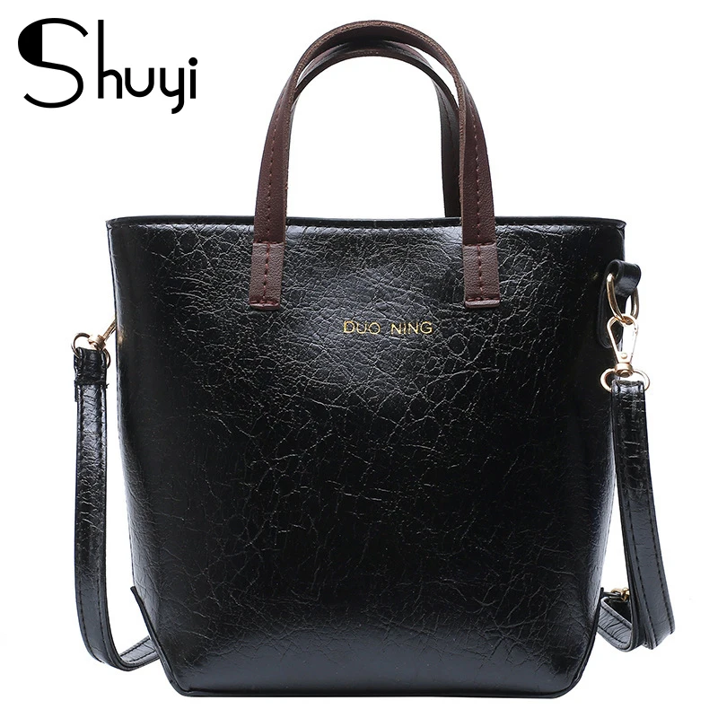 

Ladies bright leather crack shoulder bag large capacity retro elegant shopping bag PU leather bucket women handbag crossbody bag