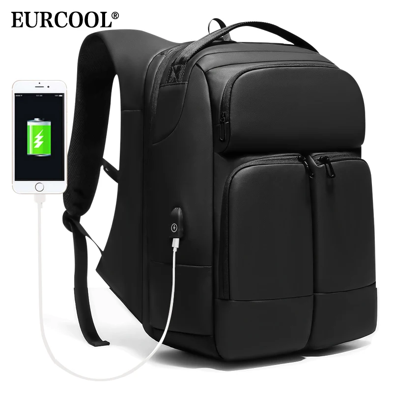 EURCOOL, мужской рюкзак для путешествий, вместительный, многослойный, 15,6 дюймов, сумка для ноутбука, мужской, usb, зарядка, рюкзаки, водонепроницаемый, n1956