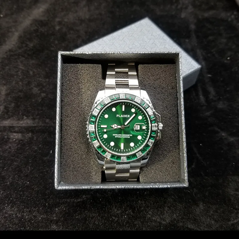 Pladen-luxo Diamante Bisel Relógio de Quartzo para Homens Relógios de Ouro Vidro de Safira Mergulho de Aço Inoxidável Relógio Masculino Novo - Image 5
